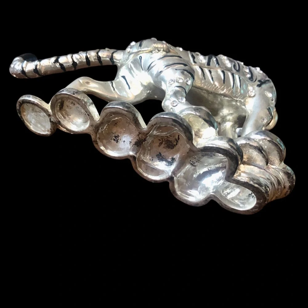 Ornate Silver Tone Tiger Trinket Box Enamel Rhinestone Hinged Magnetic Feng Shui
